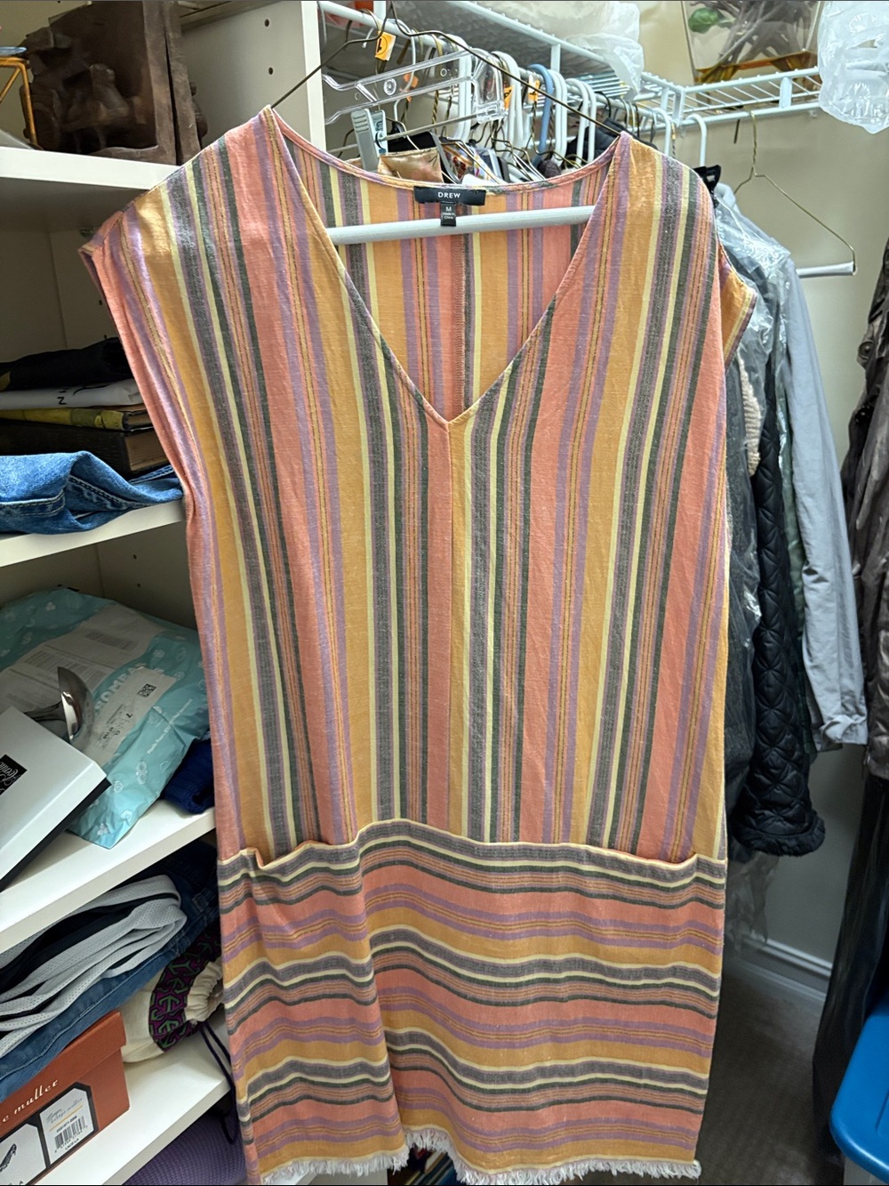 DREW Multicolor Striped V-Neck Sleeveless Shift Dress